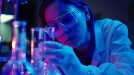 A young scientist wearing a lab coat and safety goggles carefully examines a glowing blue liquid in a test tube.