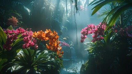 Lush Tropical Jungle with Vibrant Orchids,Vibrant red orchids bloom amidst the dense green foliage...