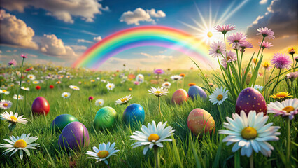 An artistic digital representation of a springtime meadow adorned with colorful eggs and daisies, under a rainbow-filled sky, with the wind gently stirring the scene.