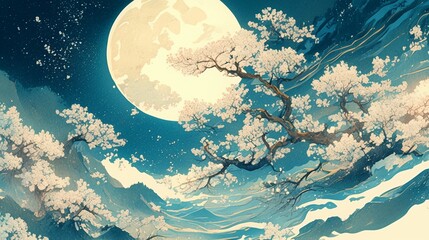満月と桜の日本画11