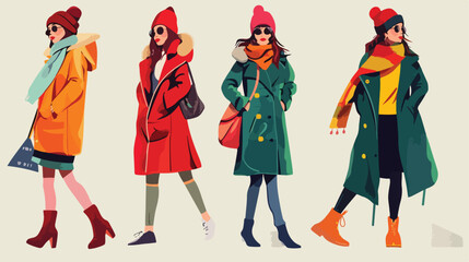 Four of fashion woman in trendy clothes vector cartoon
