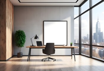 A modern office interior with a blank poster on the wall, interior poster wall, wood elements,  and a city view through large windows. 3D Rendering