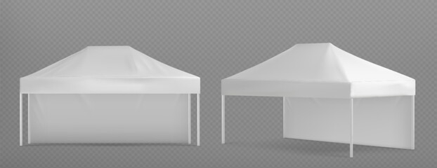 White event tent mockup. Marquee canopy stand. 3d isolated outdoor commercial exhibition pavilion. Festival awning for branding mock up. Advertising and promotional booth material side view set © klyaksun