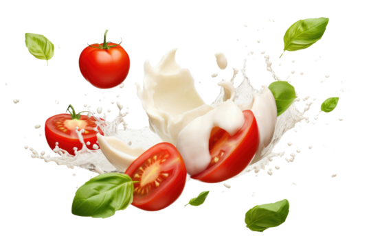 A Dance of Milk and Tomatoes on White or PNG Transparent Background.