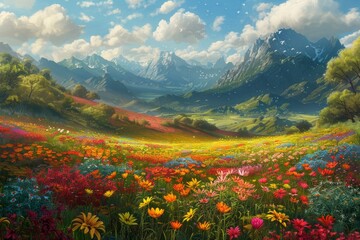 Diverse landscapes of the land of Oz, from the lush and colorful fields of flowers to the towering mountains and deep valleys. 