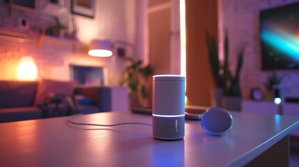 A photo of a smart speaker sitting on a table in a living room