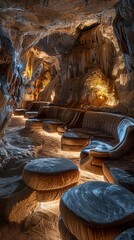 Opulent illustration of luxurious velvet seats arranged in a mysterious cave, lit by subtle, atmospheric lighting that highlights the caves natural features