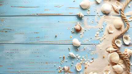 Fototapeta na wymiar Summer background with sea sand, rope and seashells on blue wooden table top view. Vacation concept