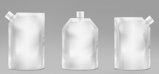 3D pouch bags set isolated on transparent background. Vector realistic illustration of white doypacks with plastic cap, blank space for branding, foil package for food, liquid substance, soap refill