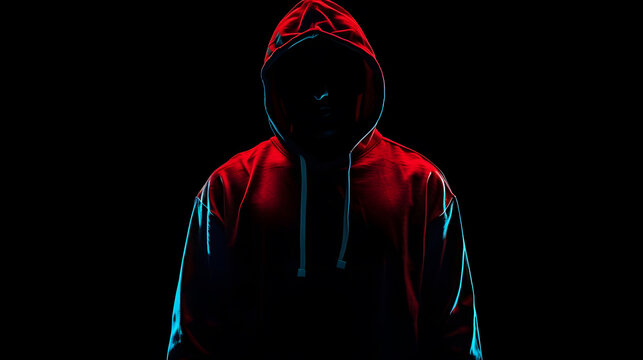 Mysterious man wit hoodie in silhouette isolated on black background : Generative AI