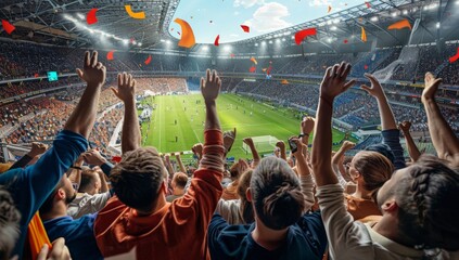 The scene of the football stadium, fans cheering and celebrating with their hands raised high in joy as they watch an exciting match on TV.