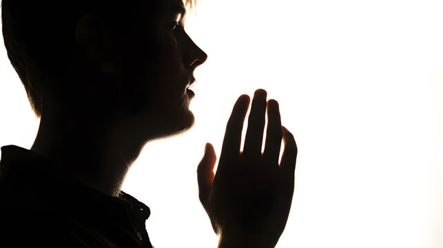 Silhouette of young man portrait with hand on studio isolated white background Close up : Generative AI
