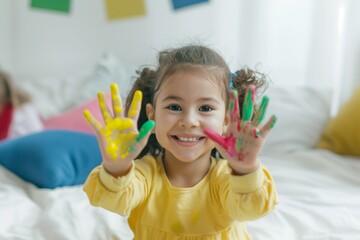 Happy little girl with pigtails smiling at camera, showing hands covered in brightly colored paint, wearing yellow dress in a playful home environment