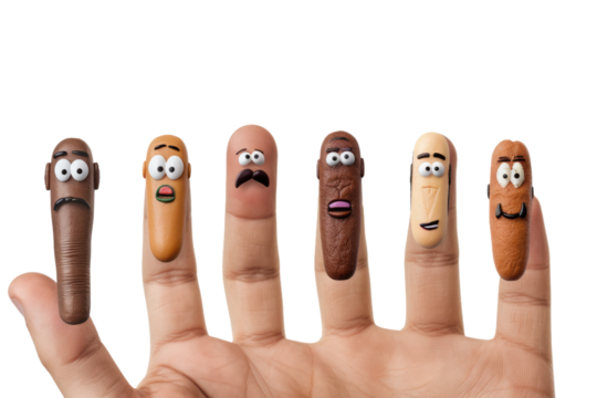 Fantastical Fingers: A Playful Hand With Five Cartoon Characters on White or PNG Transparent Background.