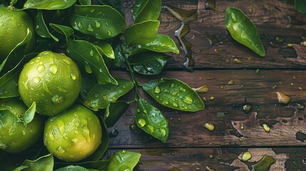 Fresh limes and green leaves with water droplets on wooden surface top down view Room for writing - Powered by Adobe