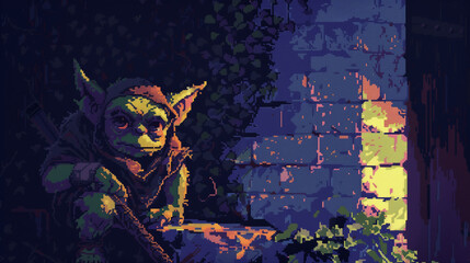 A cunning goblin thief sneaking through the shadows, eyes gleaming with mischief and greed, pixelart
