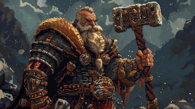 A stoic dwarven warrior wielding a massive warhammer, adorned with intricate runes and symbols of strength, pixelart