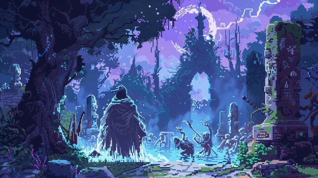 A mysterious necromancer raising an army of undead minions with dark and forbidden magic, pixelart