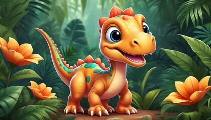 Naklejka premium Dinosaurs in the Triassic period age in the green grass land and blue sky background, Habitat of dinosaur, history of world.