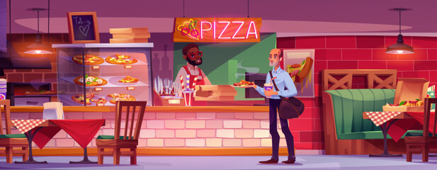 Pizzeria cafe interior with male cashier and customer characters. Cartoon vector male person with pizza and soda, pizzaiolo with takeaway box inside of fast food restaurant with tables and bar counter