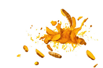 Fototapeta premium Golden paint splash explosion, yellow liquid ink splatter. Abstract watercolor burst for creative design and advertising isolated on Transparent Background