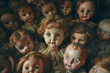 Obraz premium A group of old, creepy looking dolls are lined up in a row