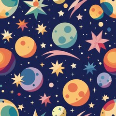 Seamless pattern of paper cutouts of celestial bodies like stars, moons, and planets, twinkling in the night sky, Generative AI