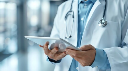 A doctor in a white coat is holding a tablet. He is looking at the screen and he is smiling.