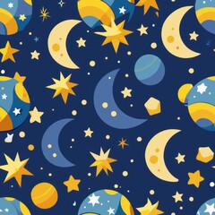 Fototapeta premium Seamless pattern of paper cutouts of celestial bodies like stars, moons, and planets, twinkling in the night sky, Generative AI