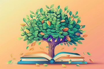 Tree of knowledge planting on opening old book. Education concept.