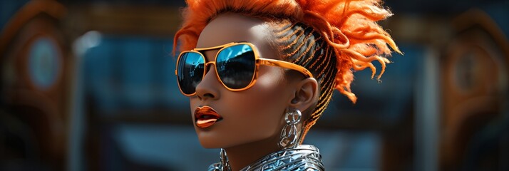 young modern woman with sunglasses and crazy short hair in front of a minimal abstract and futuristic background