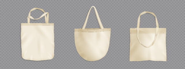 Tote bag mockups set isolated on transparent background. Vector realistic illustration of white fabric eco shoppers with handles, reusable square and round cloth handbags with blank space for branding