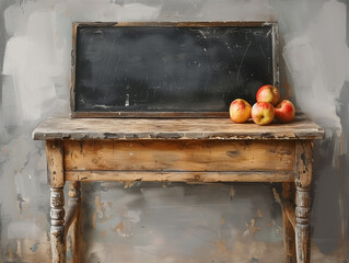 Students table and chalkboard.