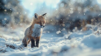 Brown fox cubs in the snow field winter spread