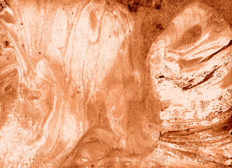 Marble. Abstract background. Different shades of peach fuzz color. Chaotic spots and drops of different shapes. Gentle, romantic background. Pink, orange, brown, pastel colors.