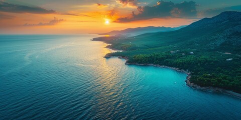 Aerial view of the serene Adriatic coast at sunset