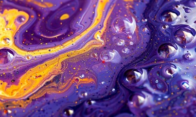 Purple and yellow soap bubbles in paint create an abstract design suitable for a colorful background.