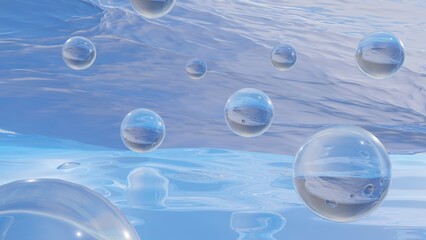 Beautiful Fantasy Aquatic Scene with floating clear and glossy glass spheres above a big blue sea with a big wave from behind, natural lighting. 3D rendered.
