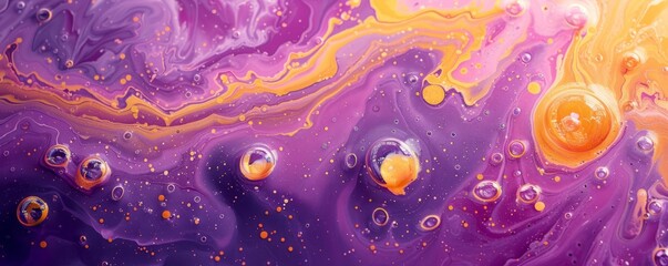 Purple and yellow soap bubbles in paint create an abstract design suitable for a colorful background.