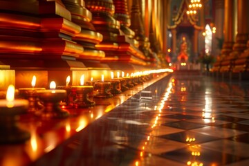row of candles are lit in a temple