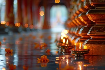 row of candles are lit in a temple