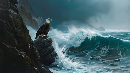 Bathed in the soft light of dawn, a bald eagle perches on the craggy outcrop of a seaside cliff, its keen eyes scanning the azure waters below, while waves crash against the rugged shoreline, 