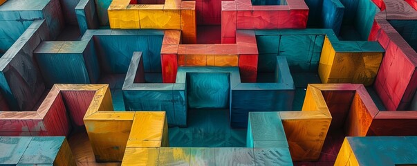high angle of wooden colorful labyrinth with geometrical narrow paths with blocks and cubes