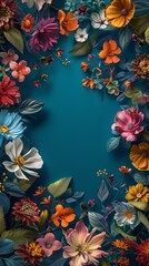 Generative AI illustration of landscape oriented blank frame encircled by a diverse mix of colorful flowers on a teal background