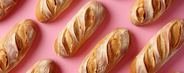 Freshly Baked French Baguettes Arranged in a Grid Pattern on Pink Background, Closeup View