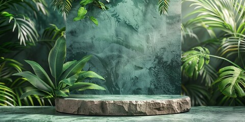 Green Product background with stone plinth and Tropical Leaves.