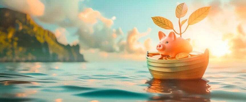 Piggy bank on a gold coin boat, a plant sailing, against a voyage blue sea