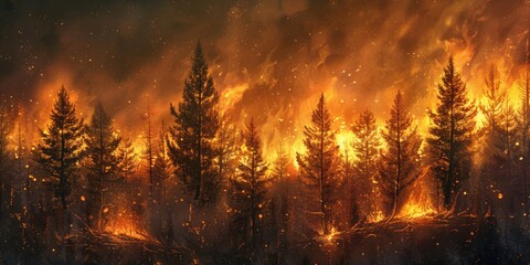 Young pine trees engulfed by wildfire flames