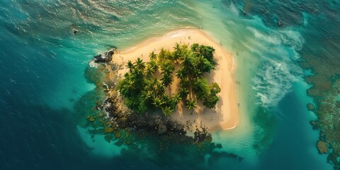 Aerial view of people on a tropical desert island