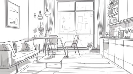 Freehand sketch of living room with window comfortable